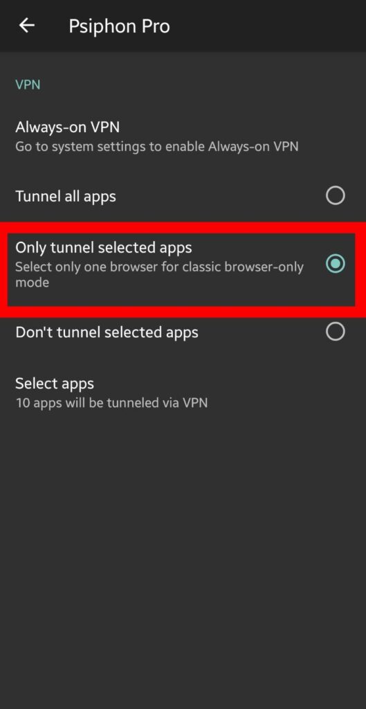 only tunnel selected apps.